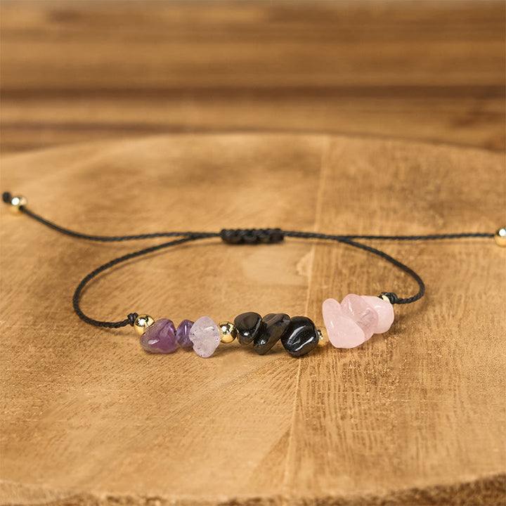 Bracelet en corde avec carte d'empathie et Buddha Stones, tourmaline noire et quartz rose - image 3