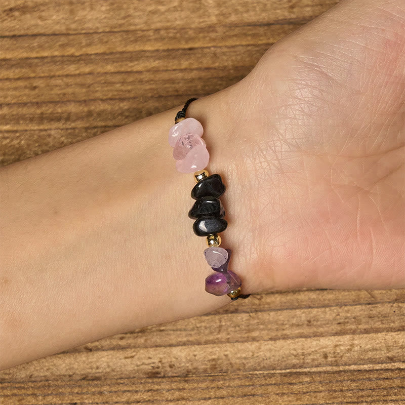 Bracelet en corde avec carte d'empathie et Buddha Stones, tourmaline noire et quartz rose - image 5