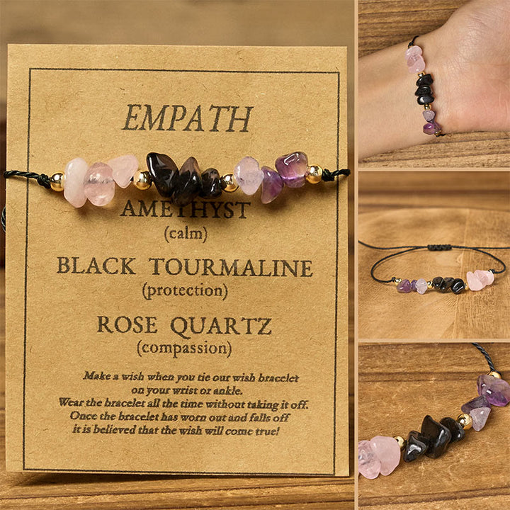 Bracelet en corde avec carte d'empathie et Buddha Stones, tourmaline noire et quartz rose - Perles irrégulières (tour de poignet : 14-23 cm) - image 0