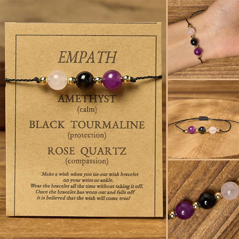 Bracelet en corde avec carte d'empathie et Buddha Stones, tourmaline noire et quartz rose - Perles rondes (tour de poignet : 14-23 cm) - image 10