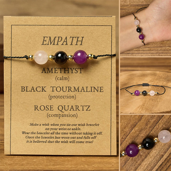 Bracelet en corde avec carte d'empathie et Buddha Stones, tourmaline noire et quartz rose - Perles rondes (tour de poignet : 14-23 cm) - image 10