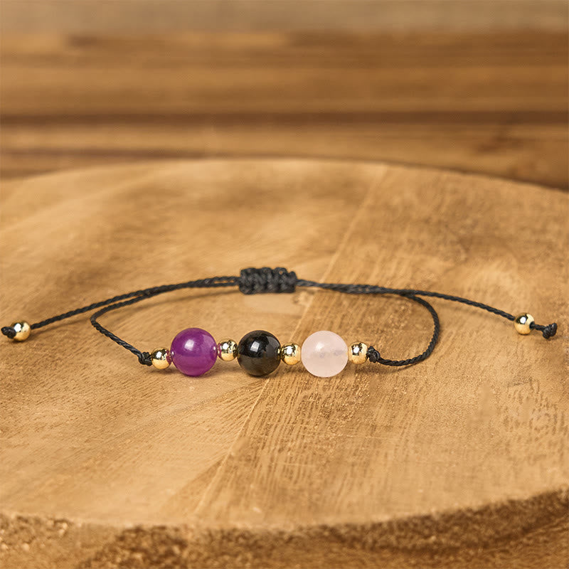 Bracelet en corde avec carte d'empathie et Buddha Stones, tourmaline noire et quartz rose - image 13