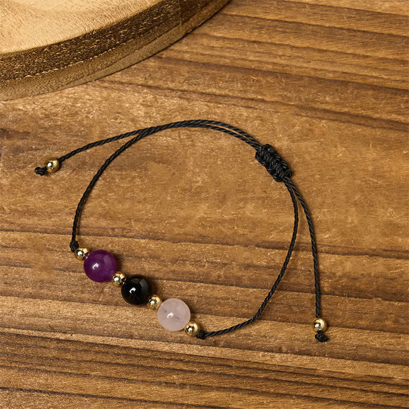 Bracelet en corde avec carte d'empathie et Buddha Stones, tourmaline noire et quartz rose - image 12