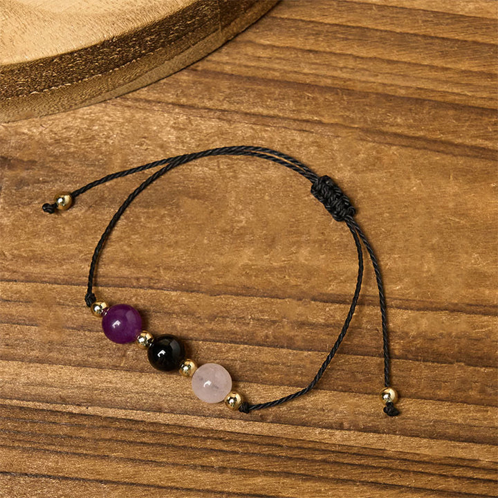 Bracelet en corde avec carte d'empathie et Buddha Stones, tourmaline noire et quartz rose - image 12