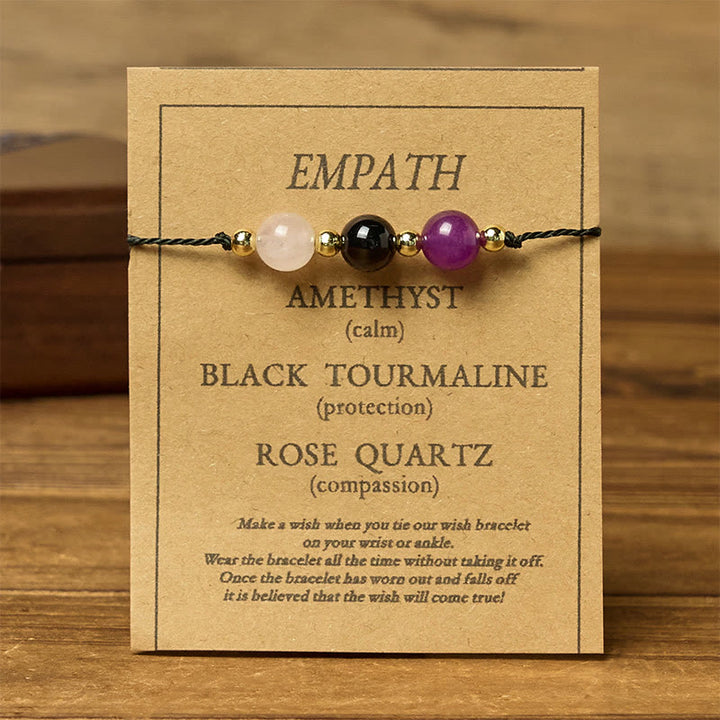 Bracelet en corde avec carte d'empathie et Buddha Stones, tourmaline noire et quartz rose - image 11