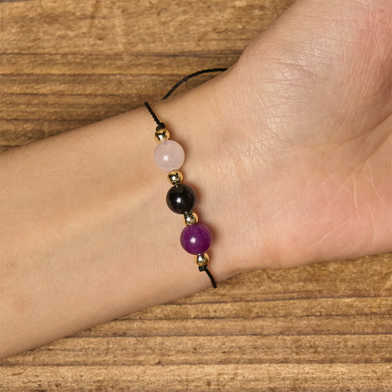 Bracelet en corde avec carte d'empathie et Buddha Stones, tourmaline noire et quartz rose - image 14