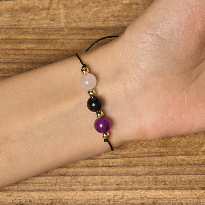 Bracelet en corde avec carte d'empathie et Buddha Stones, tourmaline noire et quartz rose - image 14