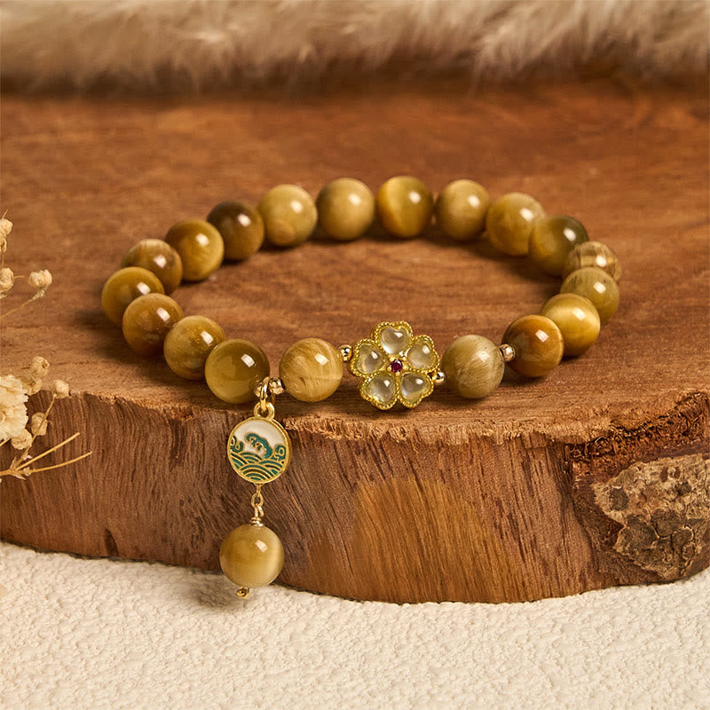 Bracelet courage en forme de clochette et œil de tigre doré naturel Buddha Stones - Œil de tigre et fleur verte (circonférence du poignet : 14-16 cm) - image 5