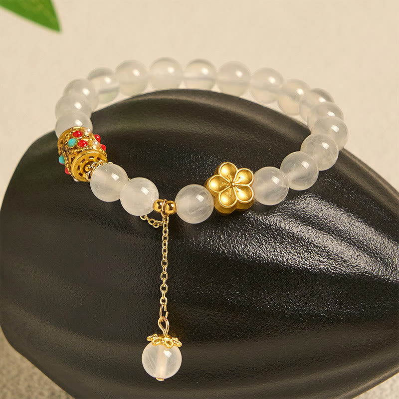 Bracelet de positivité en pierre d'agate blanche tibétaine avec fleurs en cristal - image 1