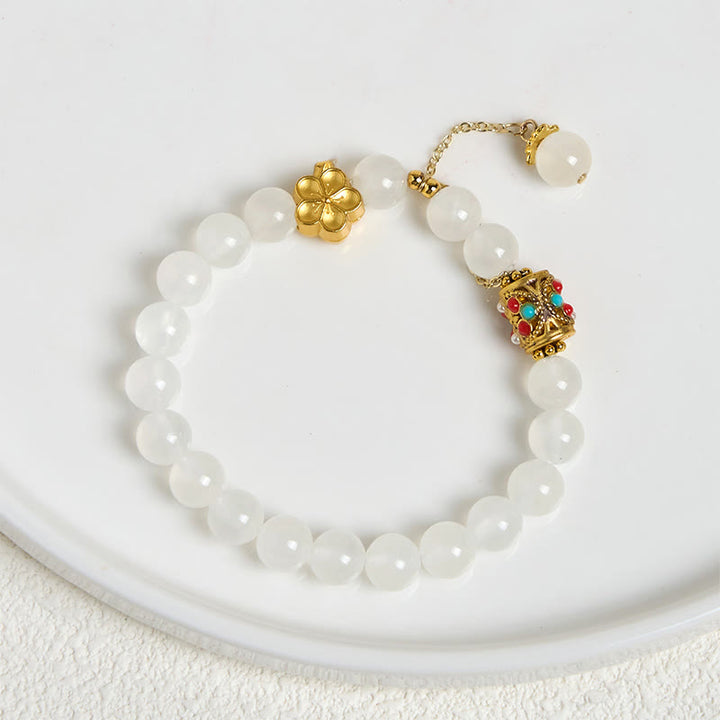 Bracelet de positivité en pierre d'agate blanche tibétaine avec fleurs en cristal - image 2