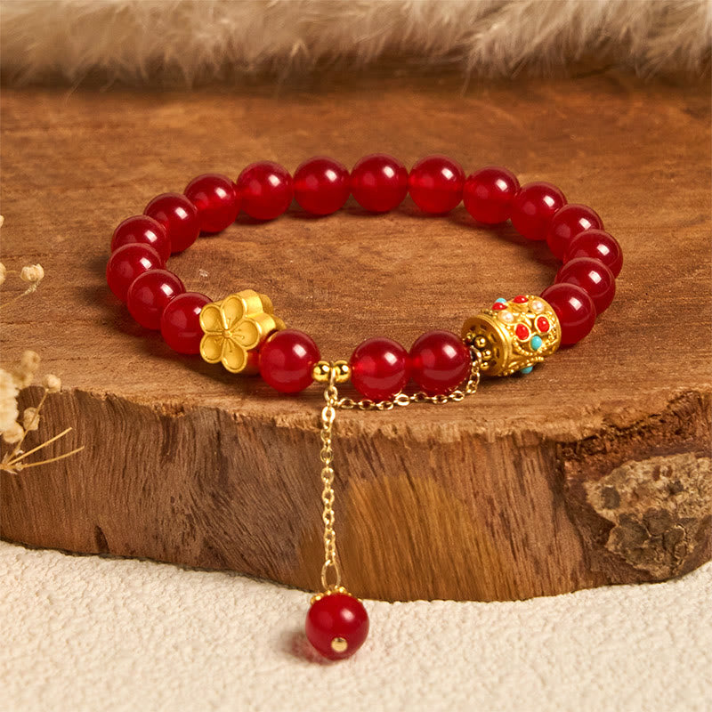 Bracelet de positivité en pierre d'agate blanche tibétaine avec fleurs en cristal - Agate rouge (tour de poignet : 14-16 cm) - image 5