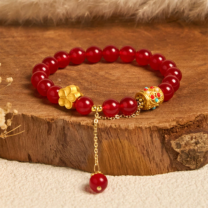 Bracelet de positivité en pierre d'agate blanche tibétaine avec fleurs en cristal - Agate rouge (tour de poignet : 14-16 cm) - image 5