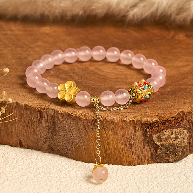 Bracelet de positivité en pierre d'agate blanche tibétaine avec fleurs en cristal - Cristal rose (tour de poignet : 14-16 cm) - image 10