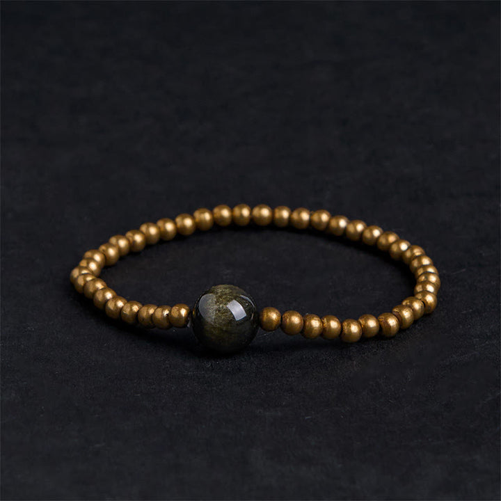 Bracelet de protection et de richesse en obsidienne plaqué cuivre et laiton doré avec Buddha Stones - Obsidienne en cuivre, laiton et reflets dorés (tour de poignet : 14-16 cm) - image 0