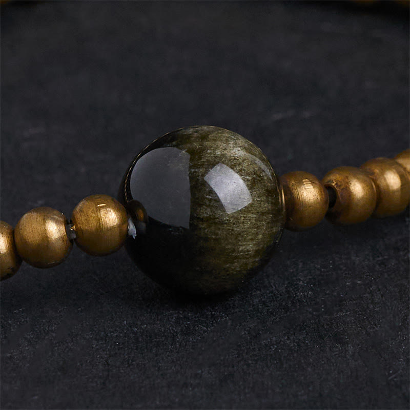 Bracelet de protection et de richesse en obsidienne plaqué cuivre et laiton doré avec Buddha Stones - image 5