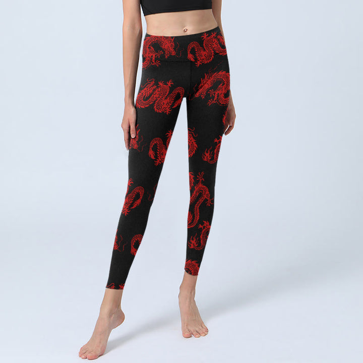 Buddha Stones Leggings de sport à motif dragon rouge, pantalon de yoga pour femme - image 5