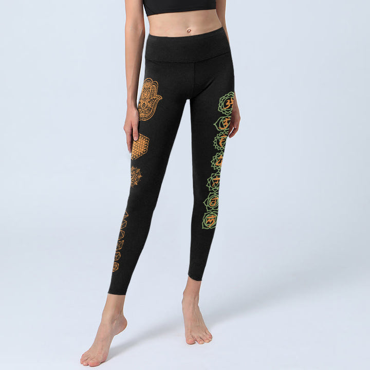 Buddha Stones Leggings de sport pour femmes, motif Hamsa Fleur de Vie, solides platoniciens et chakras, pantalon de yoga - image 5