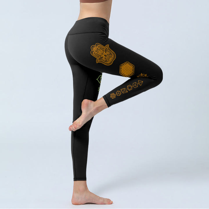 Buddha Stones Leggings de sport pour femmes, motif Hamsa Fleur de Vie, solides platoniciens et chakras, pantalon de yoga - image 3