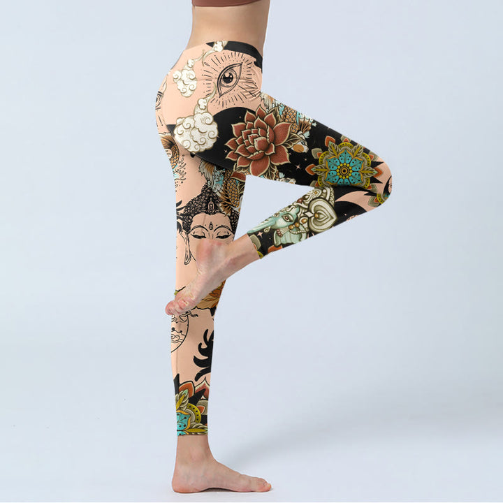 Buddha Stones Leggings de sport pour femmes, motif lotus, mandala de Ganesh, œil maléfique, carpe koï, forme yin et yang, pantalon de yoga - image 3