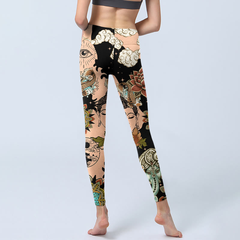 Buddha Stones Leggings de sport pour femmes, motif lotus, mandala de Ganesh, œil maléfique, carpe koï, forme yin et yang, pantalon de yoga - image 6