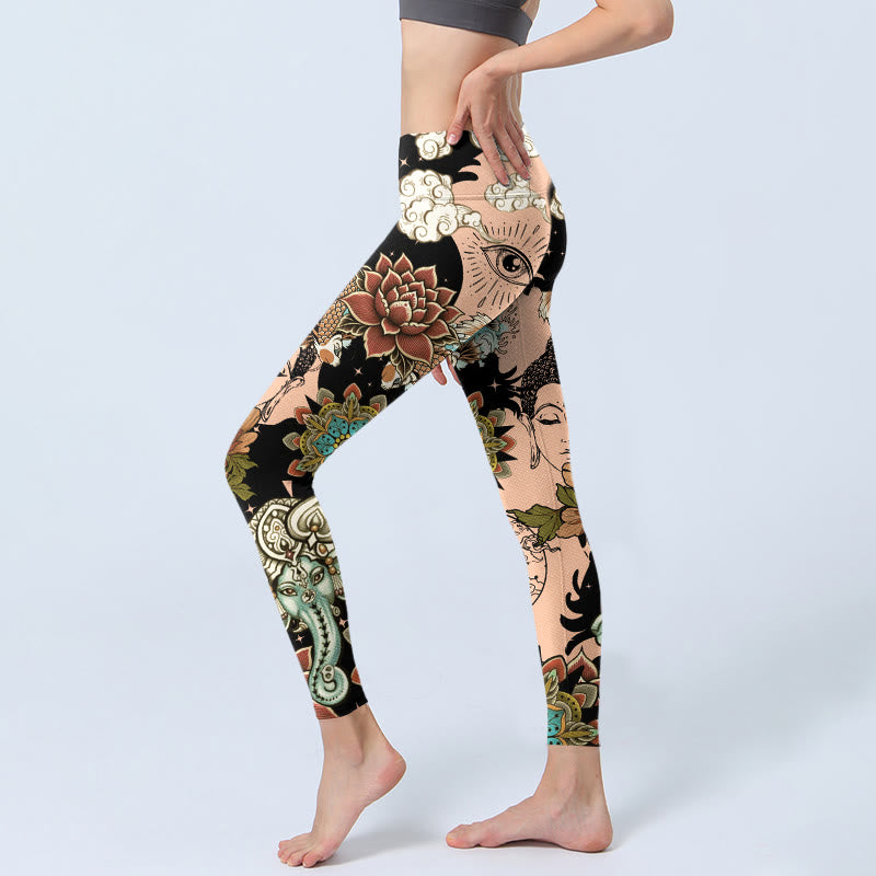 Buddha Stones Leggings de sport pour femmes, motif lotus, mandala de Ganesh, œil maléfique, carpe koï, forme yin et yang, pantalon de yoga - image 2