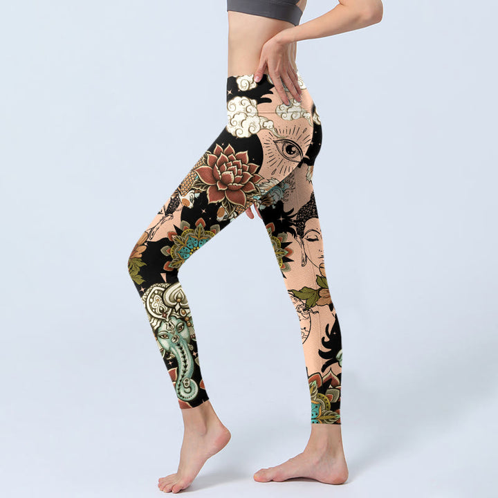 Buddha Stones Leggings de sport pour femmes, motif lotus, mandala de Ganesh, œil maléfique, carpe koï, forme yin et yang, pantalon de yoga - image 2