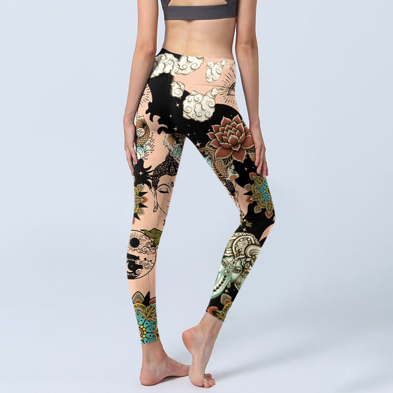 Buddha Stones Leggings de sport pour femmes, motif lotus, mandala de Ganesh, œil maléfique, carpe koï, forme yin et yang, pantalon de yoga - image 4