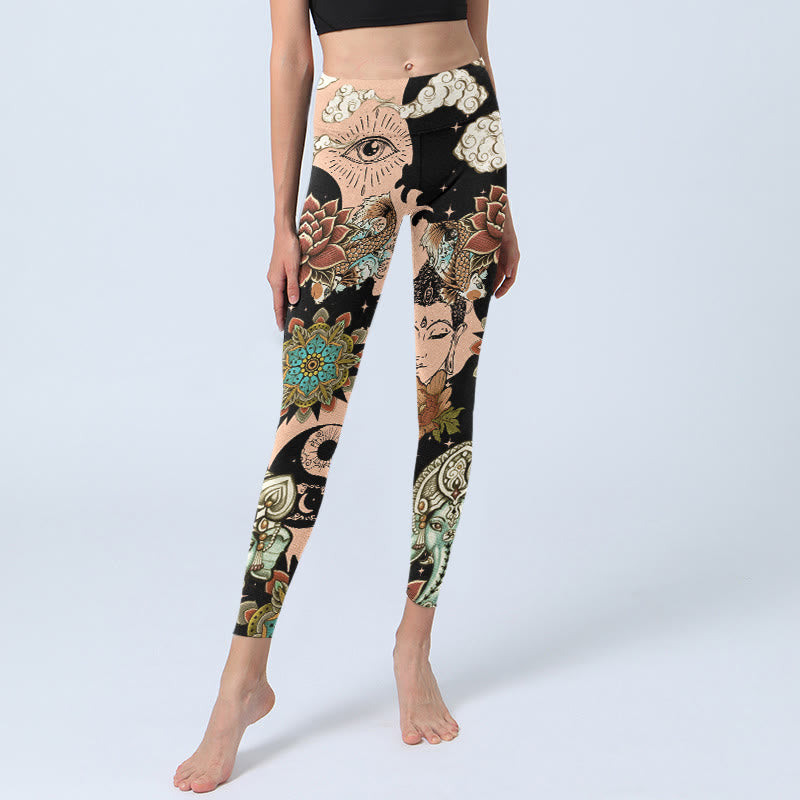 Buddha Stones Leggings de sport pour femmes, motif lotus, mandala de Ganesh, œil maléfique, carpe koï, forme yin et yang, pantalon de yoga - image 5