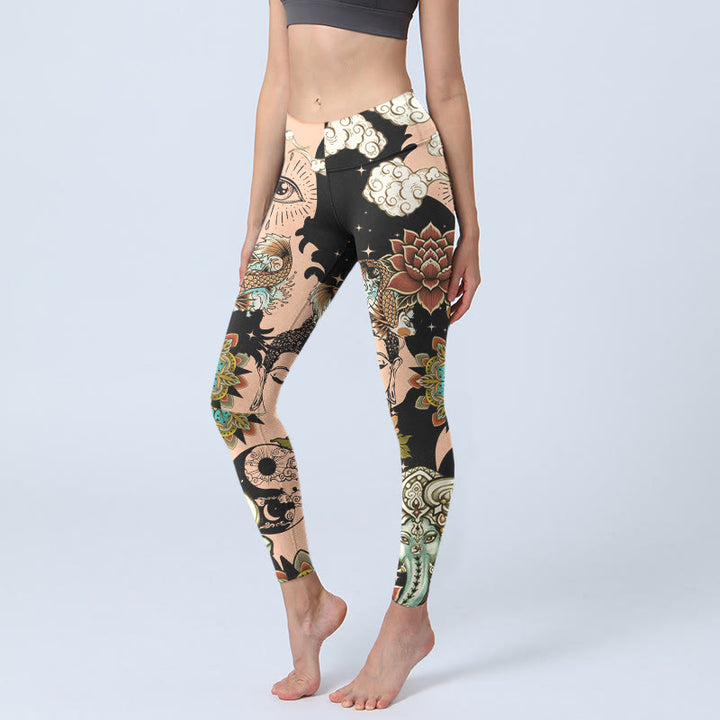 Buddha Stones Leggings de sport pour femmes, motif lotus, mandala de Ganesh, œil maléfique, carpe koï, forme yin et yang, pantalon de yoga - Bisque - US18，UK/AU22，EU50 (4XL) - image 0