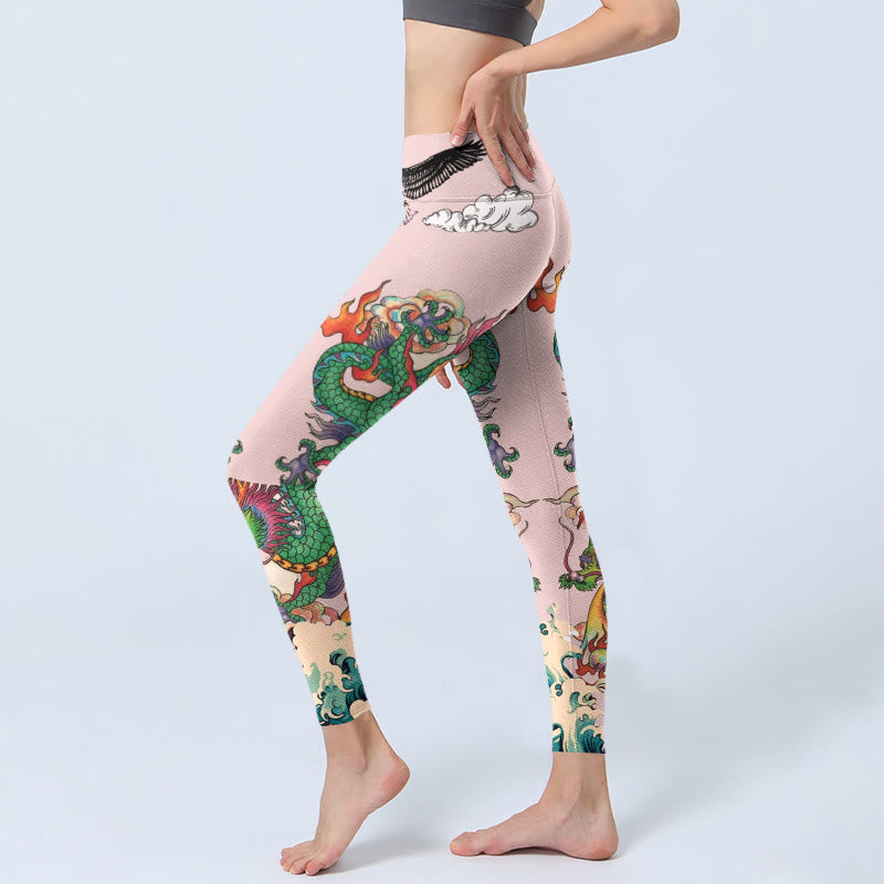 Buddha Stones Leggings de sport pour femmes avec motif Dragon Rose Eagle Waves et nuages ​​porte-bonheur - image 2