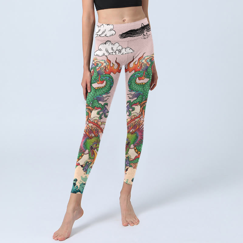 Buddha Stones Leggings de sport pour femmes avec motif Dragon Rose Eagle Waves et nuages ​​porte-bonheur - image 5