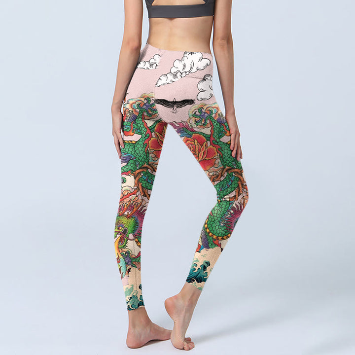 Buddha Stones Leggings de sport pour femmes avec motif Dragon Rose Eagle Waves et nuages ​​porte-bonheur - image 4