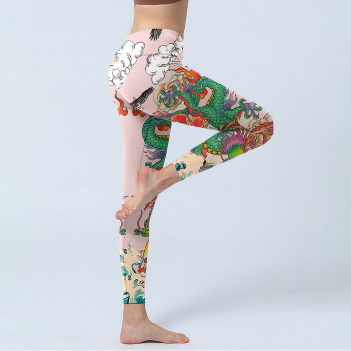 Buddha Stones Leggings de sport pour femmes avec motif Dragon Rose Eagle Waves et nuages ​​porte-bonheur - image 3