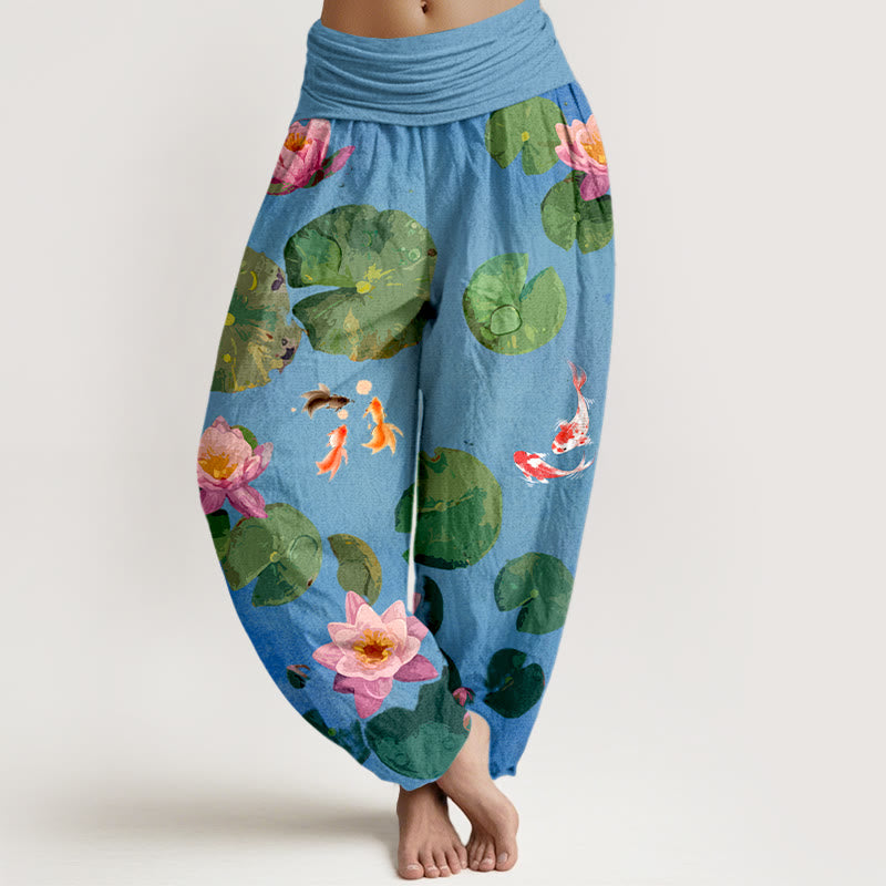 Pantalon sarouel en pur coton à taille élastique pour femme, imprimé Buddha Stones, motif poisson koï, fleurs de lotus - Bleuet - US16，UK/AU20，EU48 (3XL) - image 0