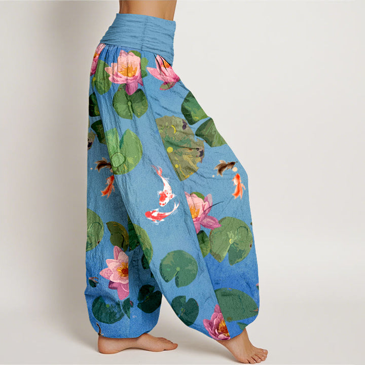 Pantalon sarouel en pur coton à taille élastique pour femme, imprimé Buddha Stones, motif poisson koï, fleurs de lotus - image 1