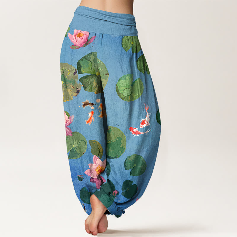 Pantalon sarouel en pur coton à taille élastique pour femme, imprimé Buddha Stones, motif poisson koï, fleurs de lotus - image 2