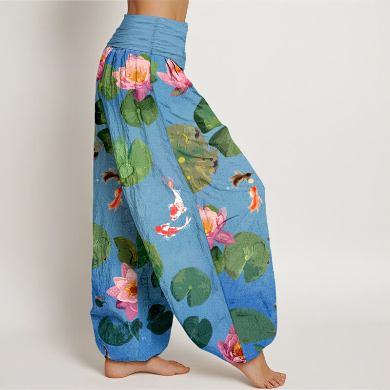 Pantalon sarouel en pur coton à taille élastique pour femme, imprimé Buddha Stones, motif poisson koï, fleurs de lotus - image 1