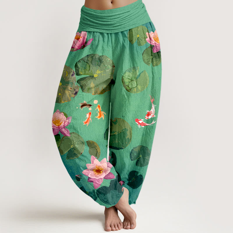 Pantalon sarouel en pur coton à taille élastique pour femme, imprimé Buddha Stones, motif poisson koï, fleurs de lotus - SpringGreen - US16，UK/AU20，EU48 (3XL) - image 5