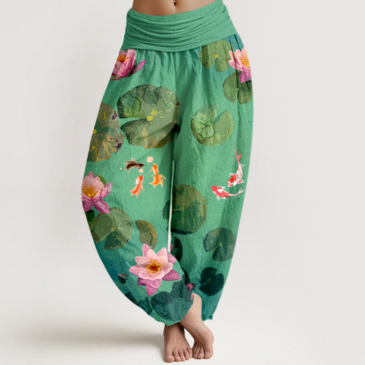Pantalon sarouel en pur coton à taille élastique pour femme, imprimé Buddha Stones, motif poisson koï, fleurs de lotus - SpringGreen - US16，UK/AU20，EU48 (3XL) - image 5