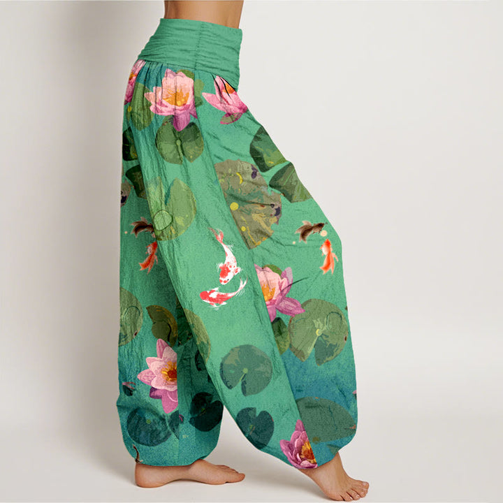 Pantalon sarouel en pur coton à taille élastique pour femme, imprimé Buddha Stones, motif poisson koï, fleurs de lotus - image 6
