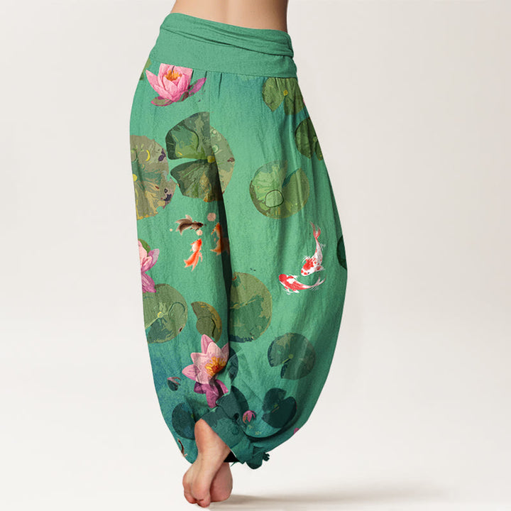 Pantalon sarouel en pur coton à taille élastique pour femme, imprimé Buddha Stones, motif poisson koï, fleurs de lotus - image 7