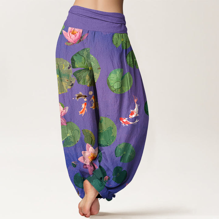Pantalon sarouel en pur coton à taille élastique pour femme, imprimé Buddha Stones, motif poisson koï, fleurs de lotus - image 10