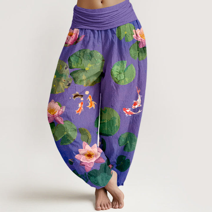 Pantalon sarouel en pur coton à taille élastique pour femme, imprimé Buddha Stones, motif poisson koï, fleurs de lotus - Violette sombre - US16，UK/AU20，EU48 (3XL) - image 8