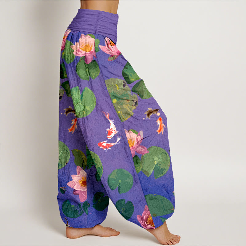 Pantalon sarouel en pur coton à taille élastique pour femme, imprimé Buddha Stones, motif poisson koï, fleurs de lotus - image 9