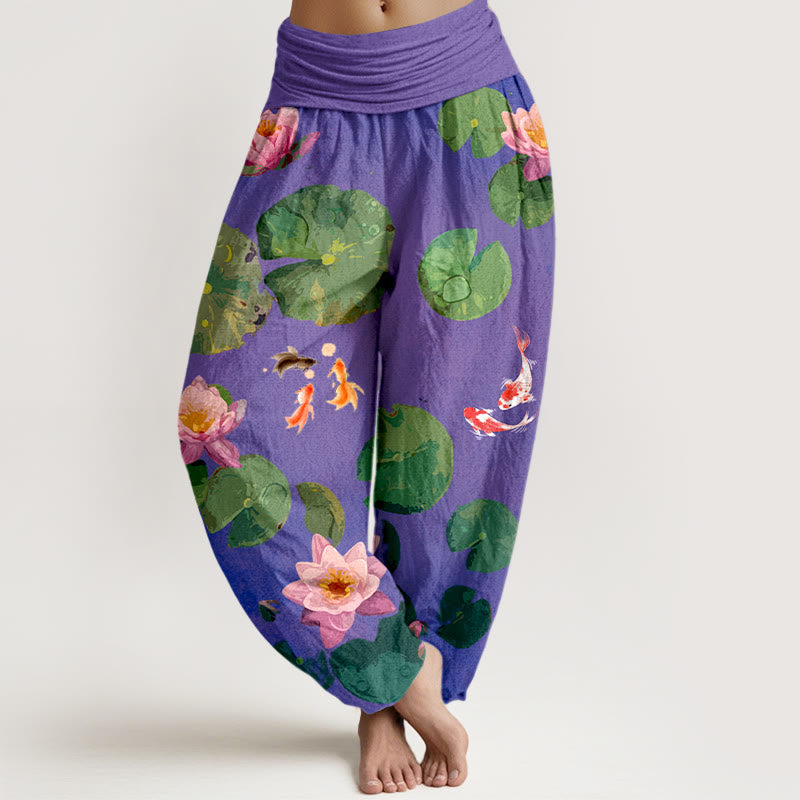 Pantalon sarouel en pur coton à taille élastique pour femme, imprimé Buddha Stones, motif poisson koï, fleurs de lotus - Violette sombre - US16，UK/AU20，EU48 (3XL) - image 8