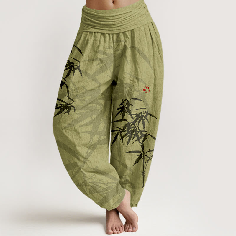 Pantalon sarouel en pur coton imprimé Buddha Stones pour femme, taille élastique - JauneVert - US16，UK/AU20，EU48 (3XL) - image 0