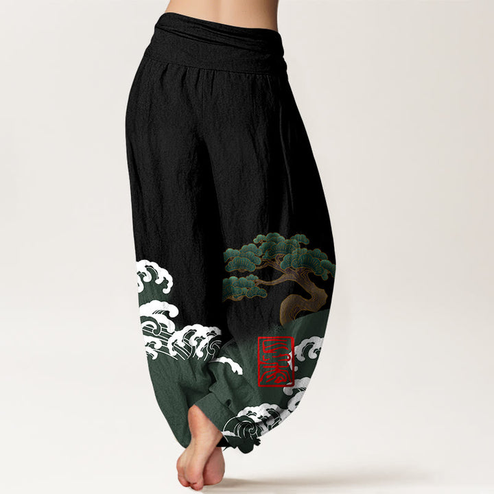 Pantalon sarouel taille élastique pour femme, imprimé Buddha Stones, pur coton, motif pin et vagues roulantes - image 2