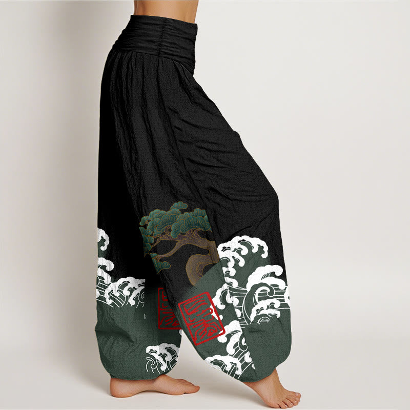 Pantalon sarouel taille élastique pour femme, imprimé Buddha Stones, pur coton, motif pin et vagues roulantes - image 1