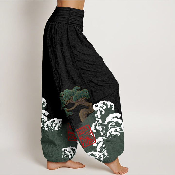 Pantalon sarouel taille élastique pour femme, imprimé Buddha Stones, pur coton, motif pin et vagues roulantes - image 1