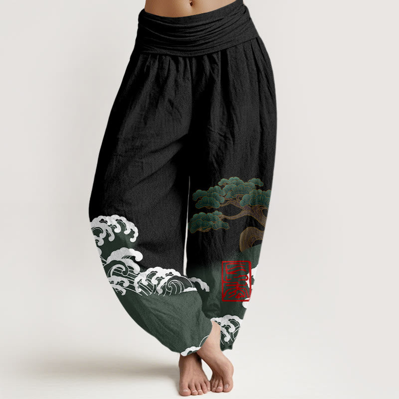 Pantalon sarouel taille élastique pour femme, imprimé Buddha Stones, pur coton, motif pin et vagues roulantes - Noir - US16，UK/AU20，EU48 (3XL) - image 0